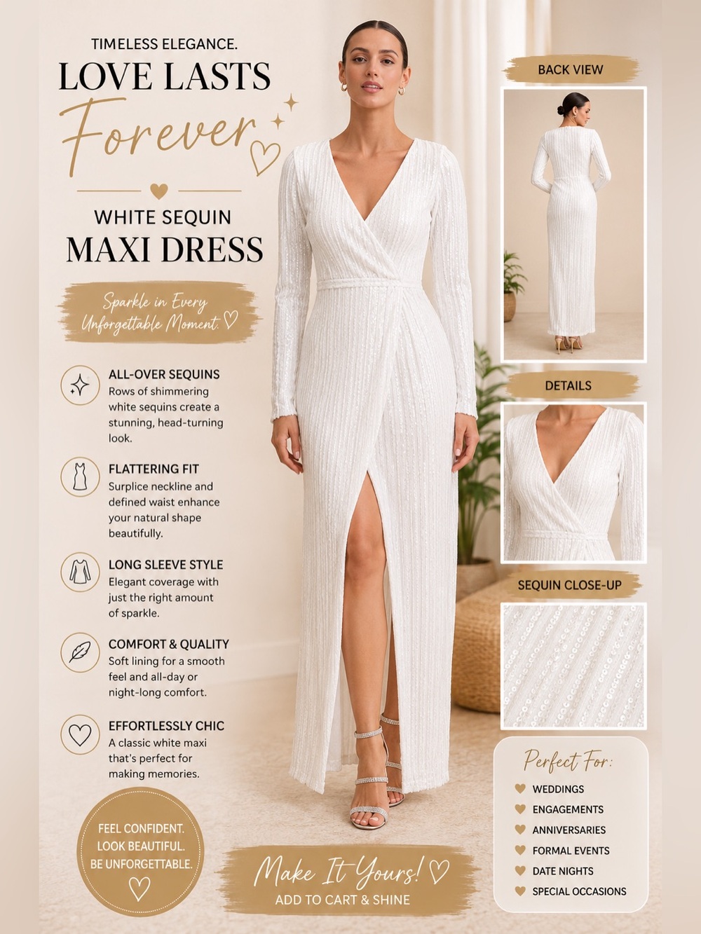 Lulus Love Lasts Forever White Sequin Long Sleeve Maxi Dress XS Glam 🤍